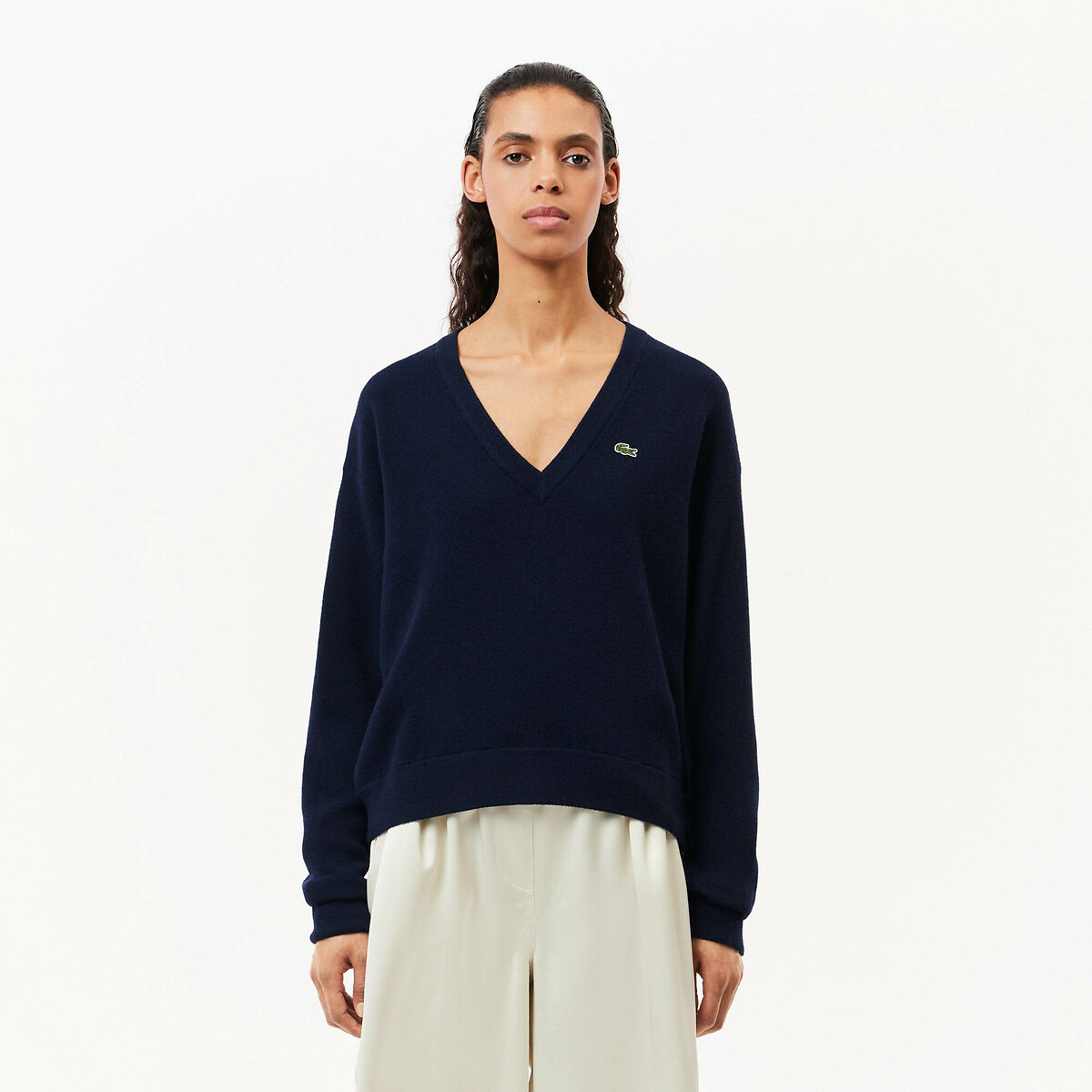 Plain Wool V-Neck Jumper with Embroidered Logo