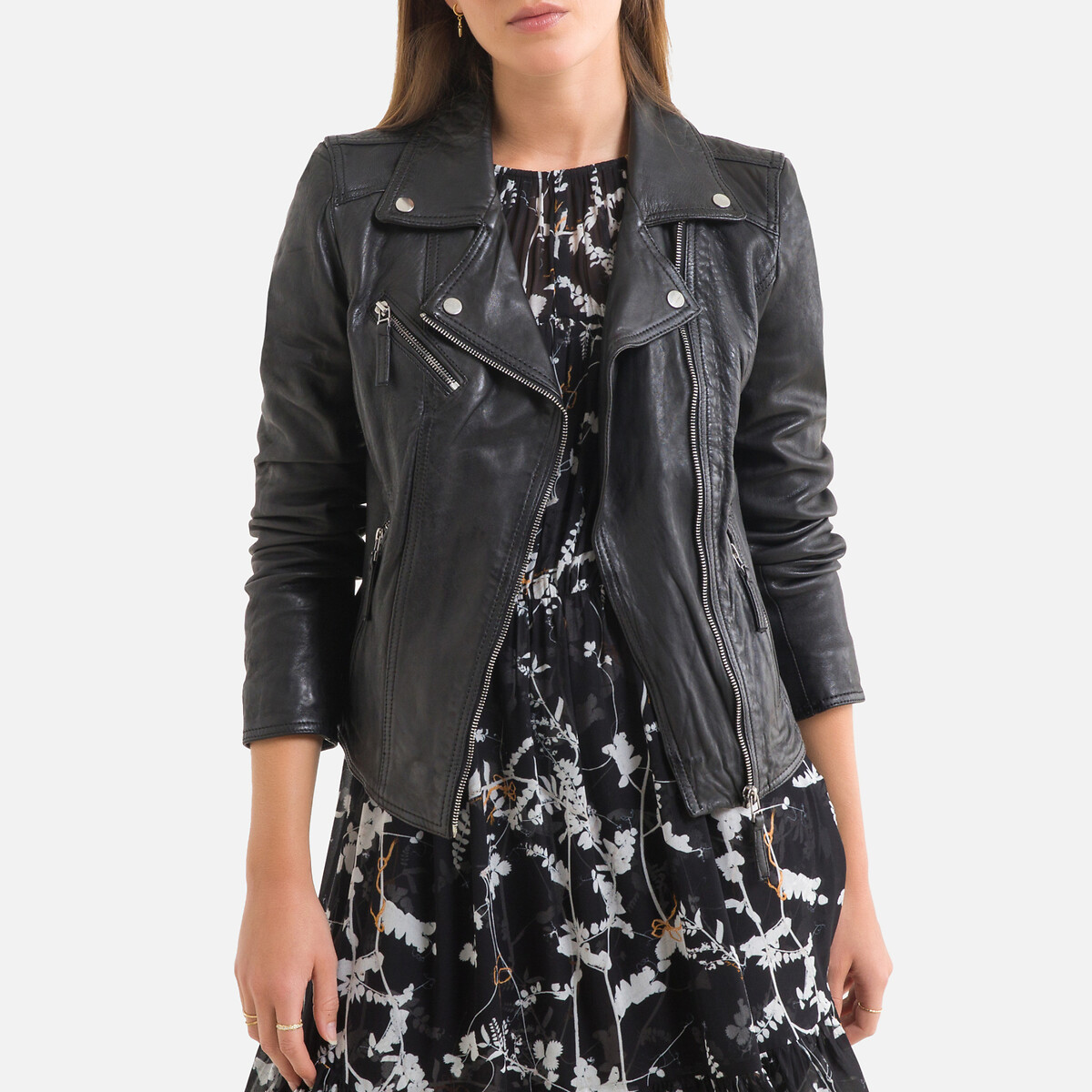 Short Zip-Up Biker Jacket in Leather