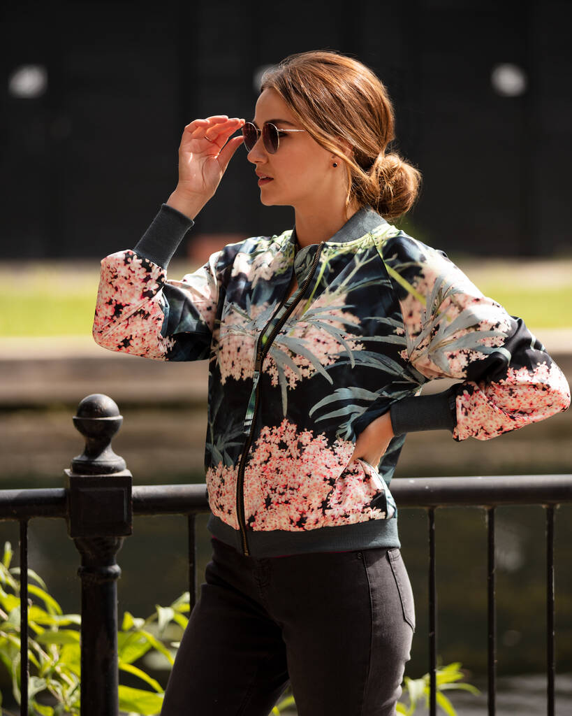 Black Lace Satin Jacket, Blue/Pink