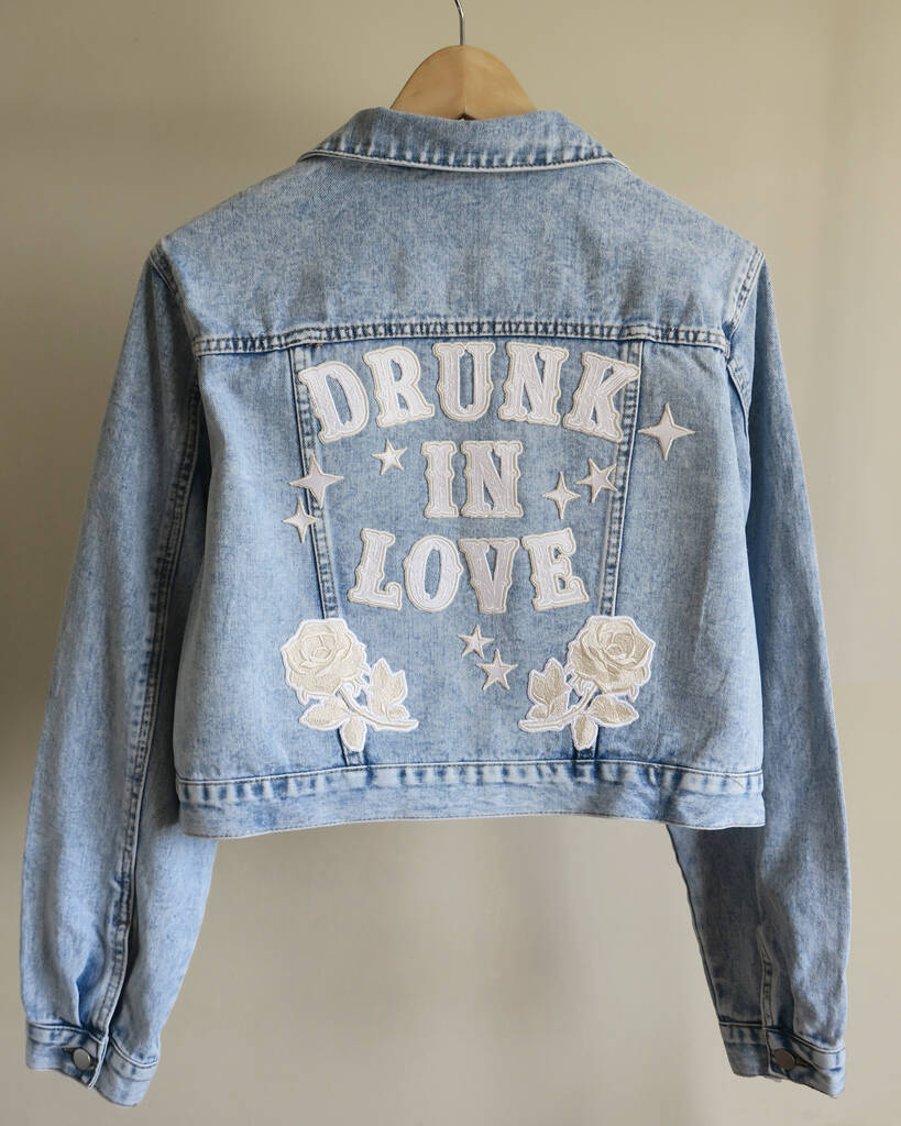 Bride Embroidered Denim Jacket 'Drunk In Love', Blue/Cream/Ivory/White