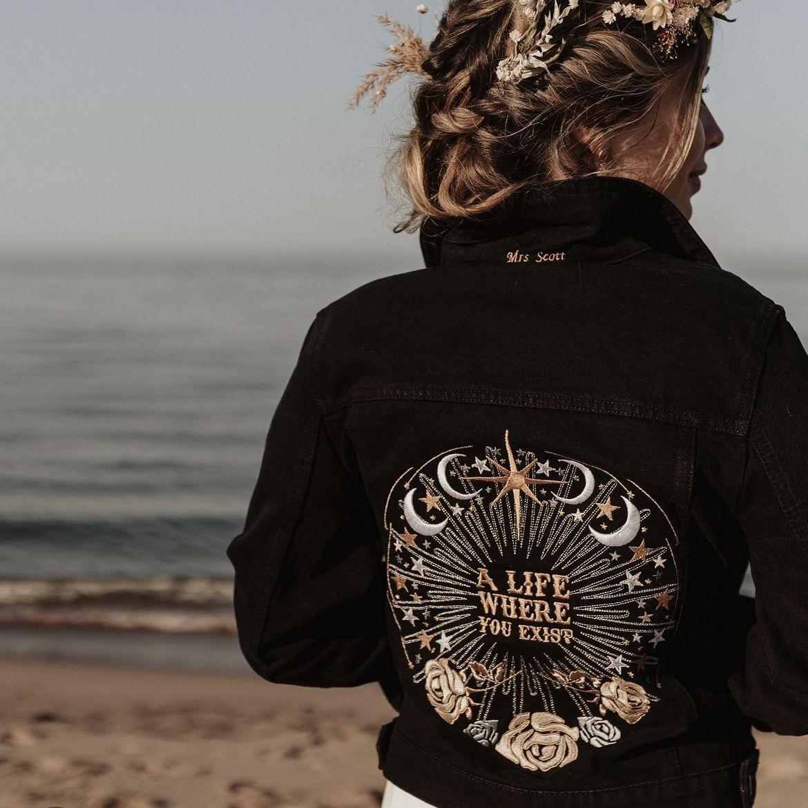 Custom Denim Jacket Moon Stars Bridal Cover Up, Black
