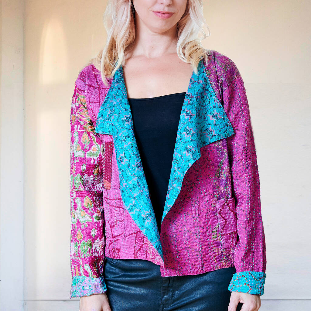 Kantha Handstitched Pink Silk Jacket, Pink