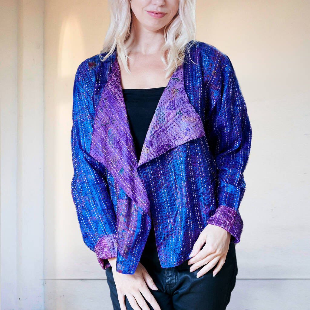 Kantha Handstitched Purple Silk Jacket, Purple