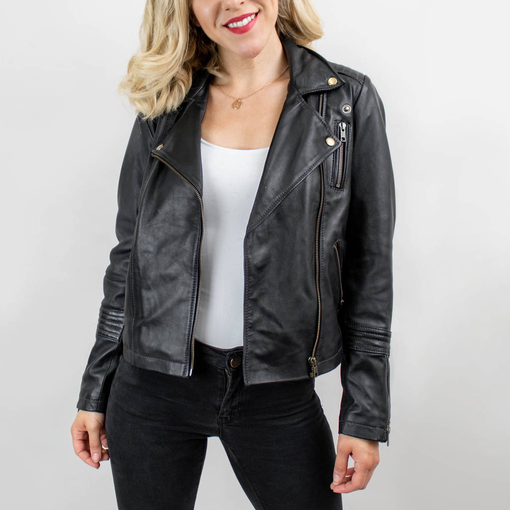 Ladies Black Leather Biker Jacket, Black