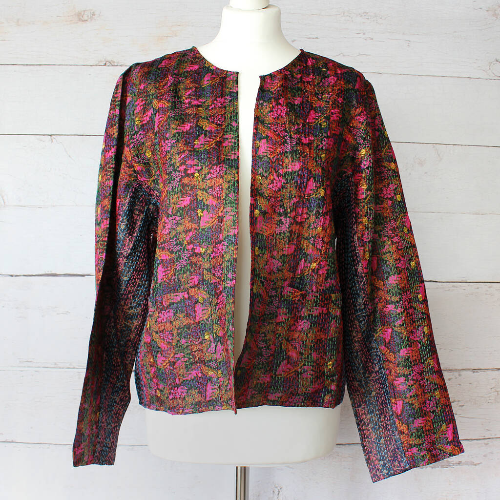 Ladies Recycled Silk Kantha Hand Stitched Jacket, Cream