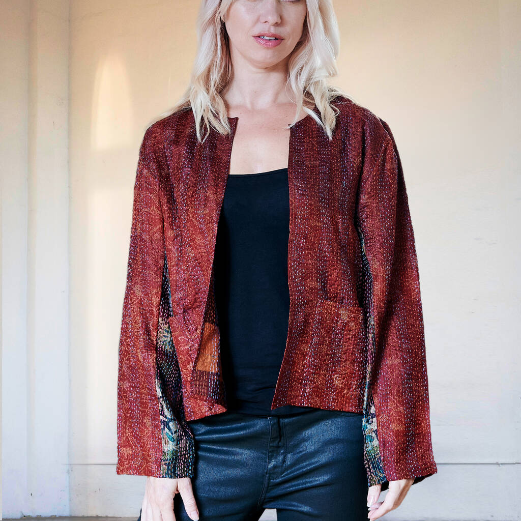 Ladies Red Silk Kantha Hand Stitched Jacket, Red