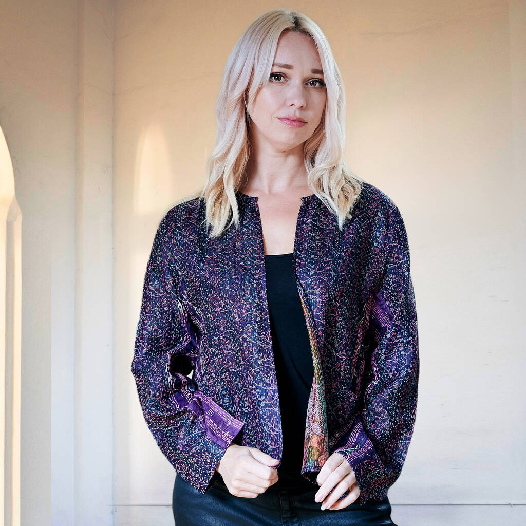 Ladies Silk Kantha Hand Stitched Jacket, Purple