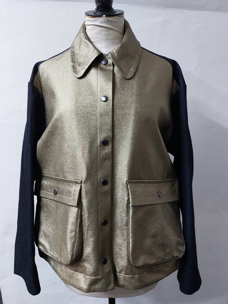 Gold Lancer Faux Leather Front And Organic Denim Jacket, Gold