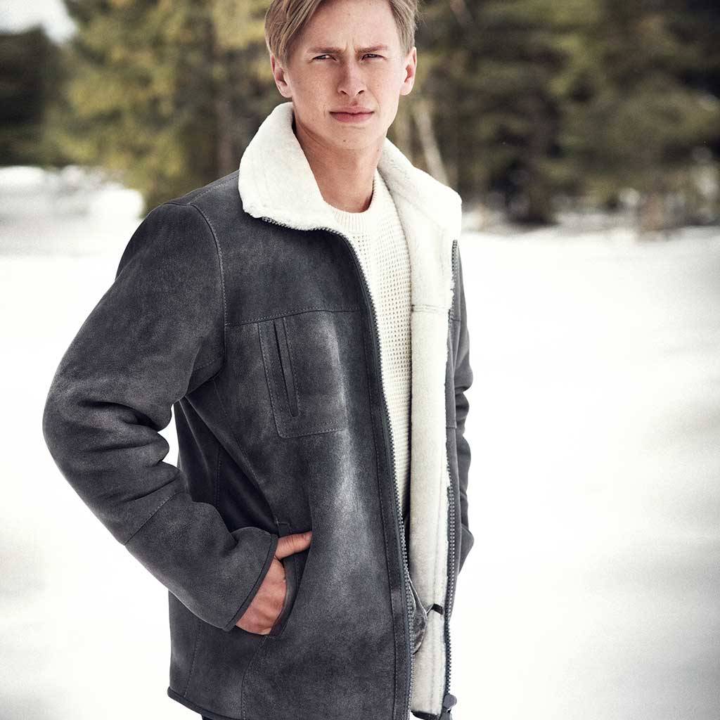 Mens Grey Aviator Sheepskin Coat, Grey