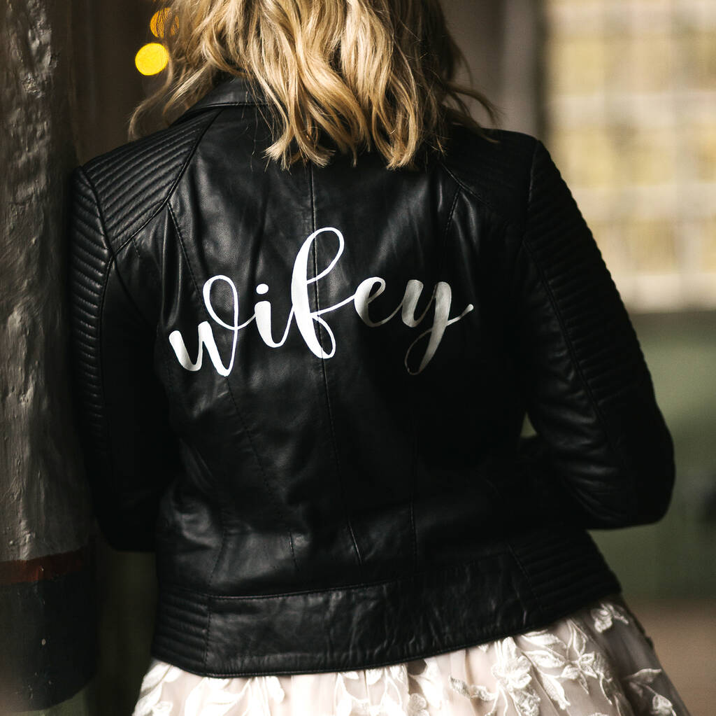 Personalised Calligraphy Bridal Leather Biker Jacket, Black
