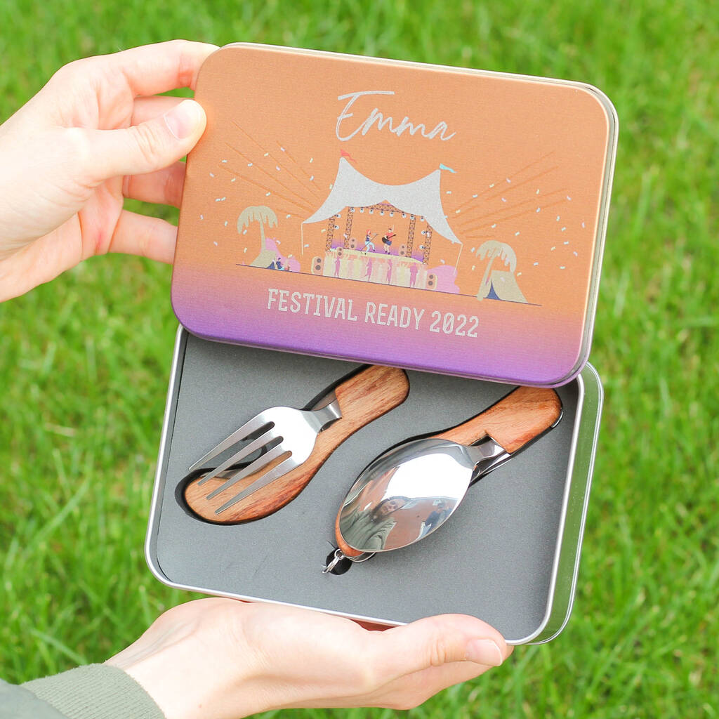 Personalised Music Festival Cutlery Tin Gift, Pink