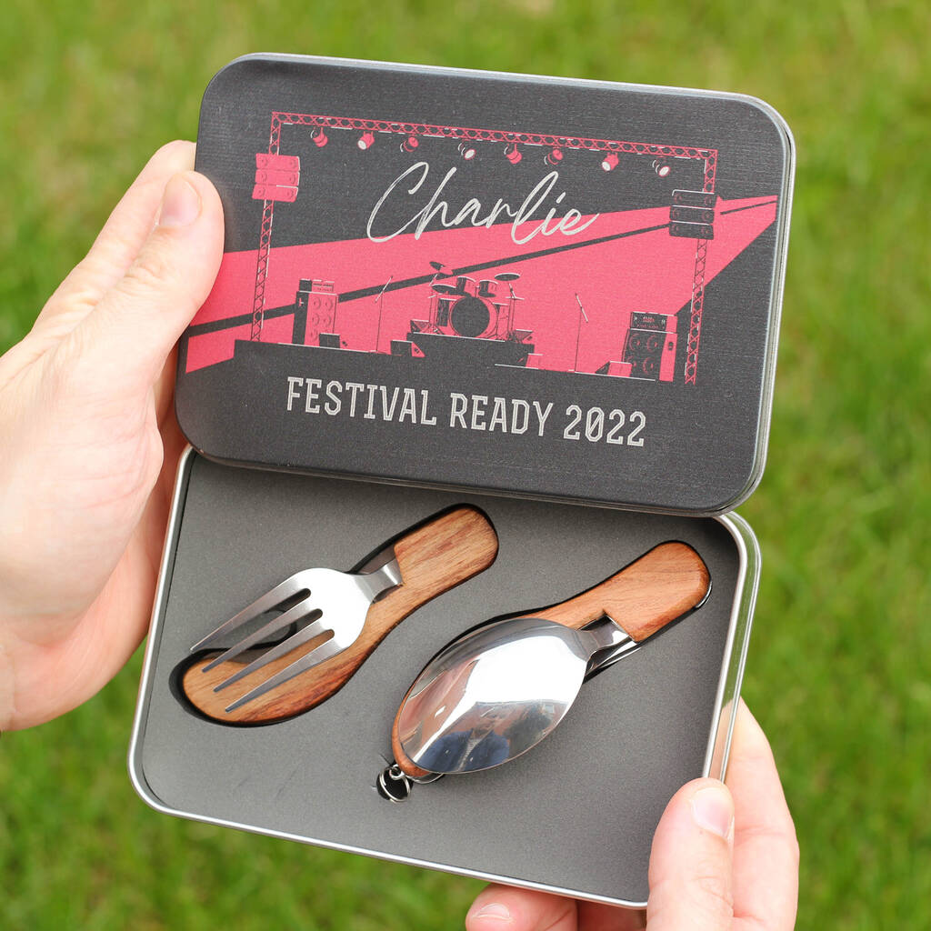 Personalised Rock Festival Cutlery Tin Travel Gift, Black/Red