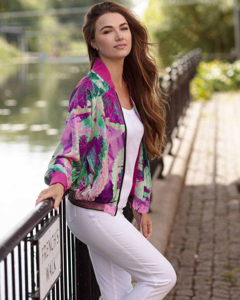 Pink Neon Leaf Satin Jacket, Green/Pink