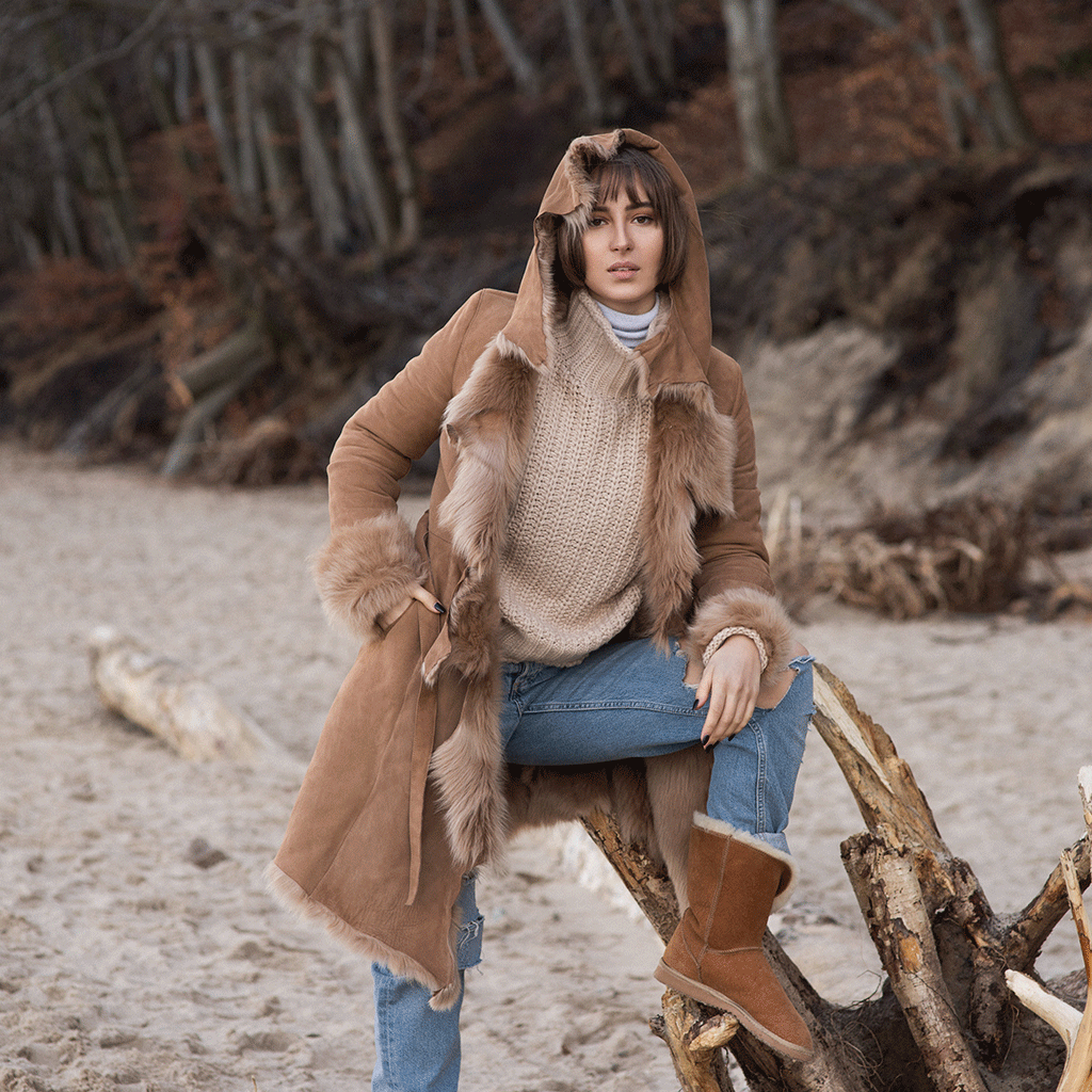 Sand Toscana Shearling Coat, Cream