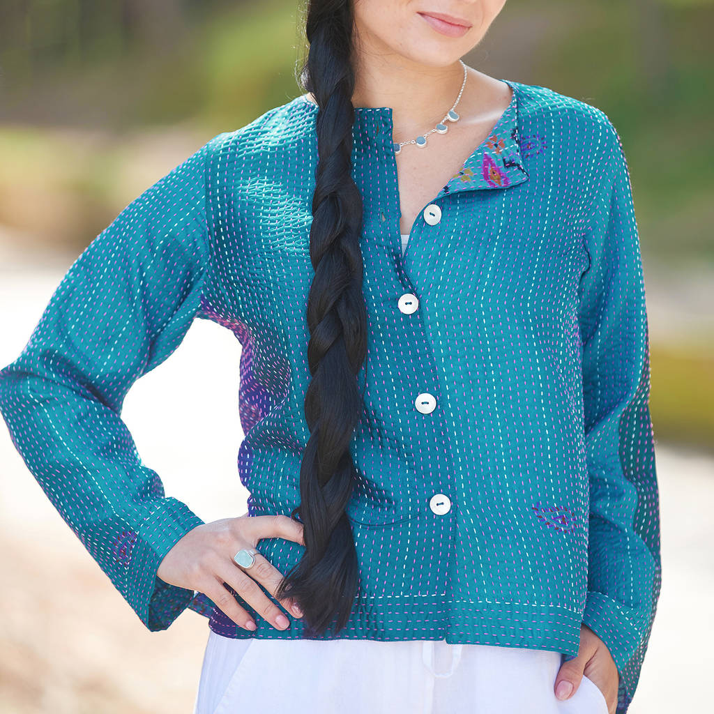 Turquoise Pure Silk Hand Stitched Ladies Jacket, Turquoise
