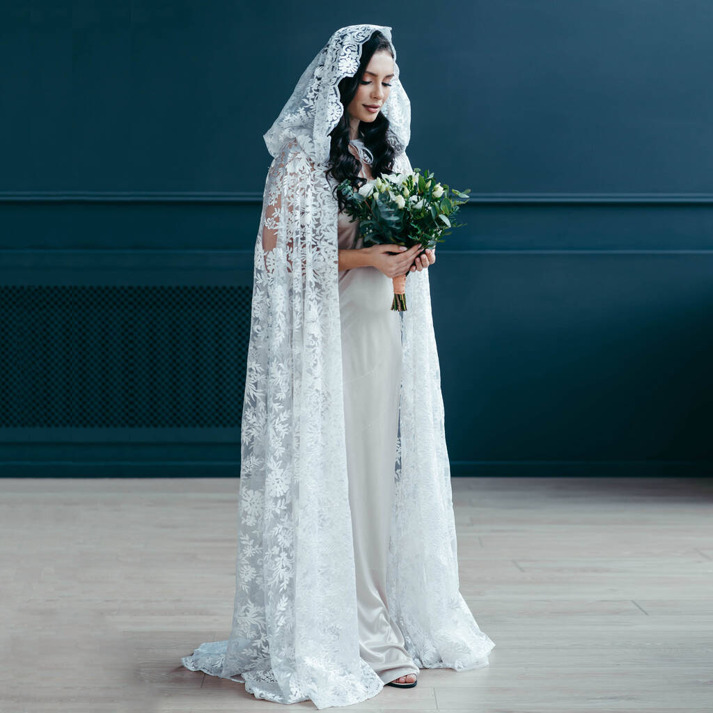 White Wedding Cape - Lace Bridal Cape With Hood, Black/Green/White